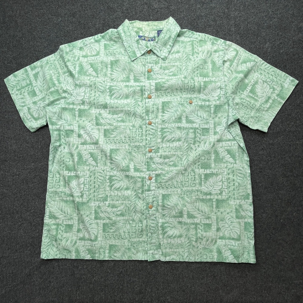 Campia Mens XL Green Tropical Leaf Button Down Shirt Short Sleeve Cotton Vintage - Picture 2 of 4